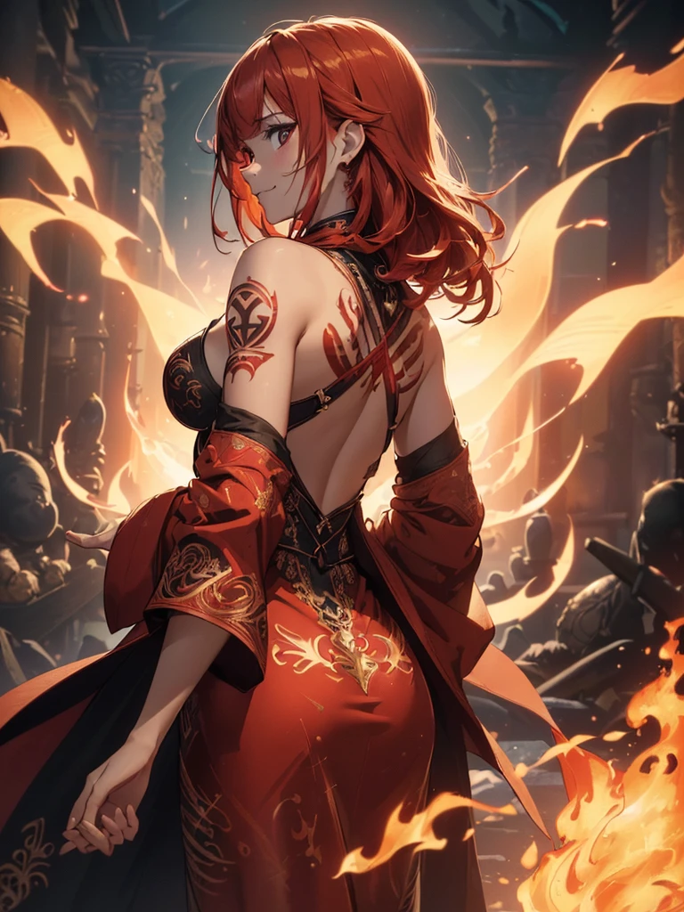 (((best quality, sharp image, clear image, cinematic lighting, 8k resolution, masterpiece, ultra detailed, intricate))) Girl, (((looking over left shoulder))), (shot from behind), fire mage, ((intricate background)), ((chaotic background)), red hair, smiling, ((flame runes, flame sigils)), (tatoo on back), slim figure, flying sigils, long dress