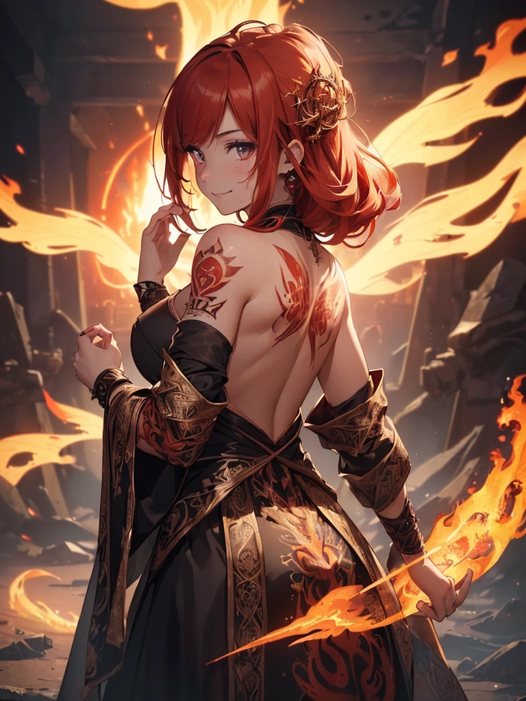 (((best quality, sharp image, clear image, cinematic lighting, 8k resolution, masterpiece, ultra detailed, intricate))) Girl, (((looking over left shoulder))), (shot from behind), fire mage, ((intricate background)), ((chaotic background)), red hair, smiling, ((flame runes, flame sigils)), (tatoo on back), slim figure, flying sigils, long dress