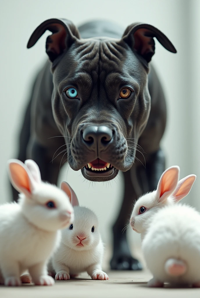 (photorealism:1.2), adult, pitbul dog, black en white, one blue eye and one brown eye, with heterochromia, attak white bunnies