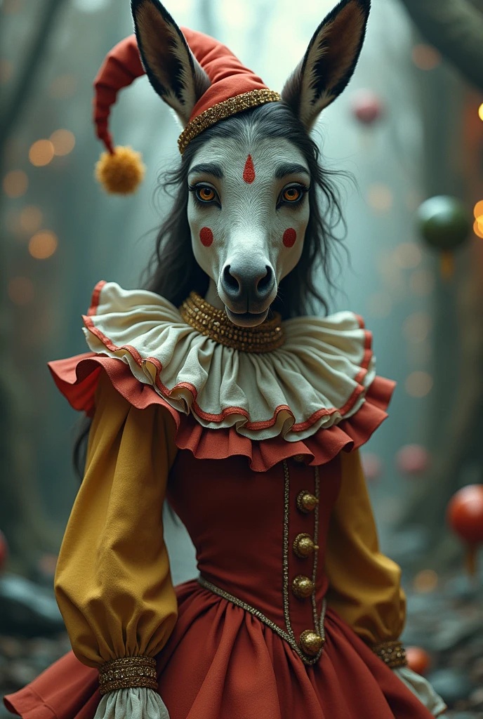 A donkey centaur woman with a donkey face, Pierrot clown costume and makeup