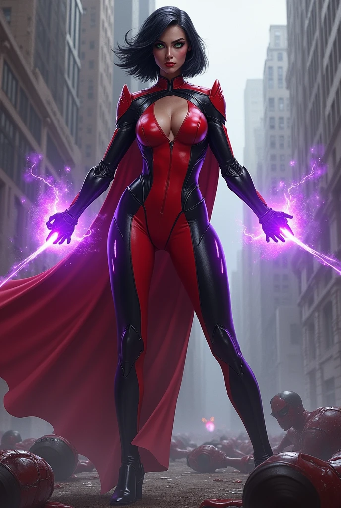 A confidant, sexy pose of a Beautiful and powerful evil supervillain woman with short black hair in a layered bob, green eyes covered by a red and black high tech visor, and red lips, a sadistic grin across her face.  She is wearing a sleek skintight bright red and black high tech power armor and radiating purple energy around her hands. Destroying, Evil wins, destroyed city, lots of bodies of costumed heroes litter the ground.