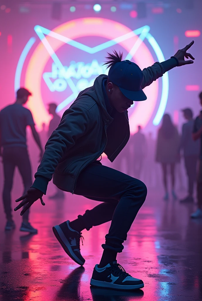 Hip-hop man dancing breakdance at a neon lights party