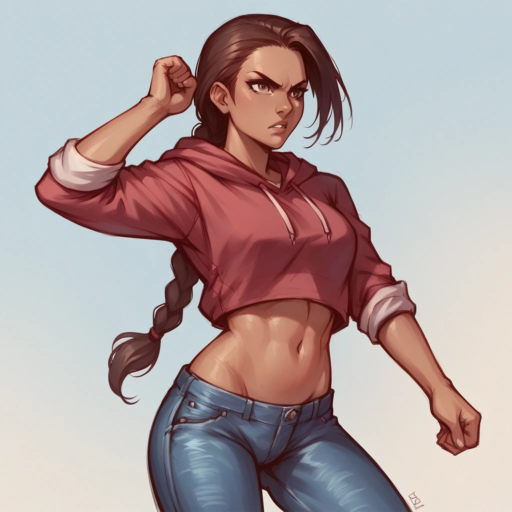 score_9, score_8_up, score_7_up, 1girl, sketch, detailed background, African, hoodie midriff, rolled up sleeves, ((low rise jeans)), lovely long ponytail twist braids, determined expression,  Half body shot 
