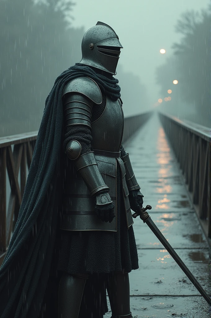 A Knight on a bridge rain with the sword after the war and hold his Yawn