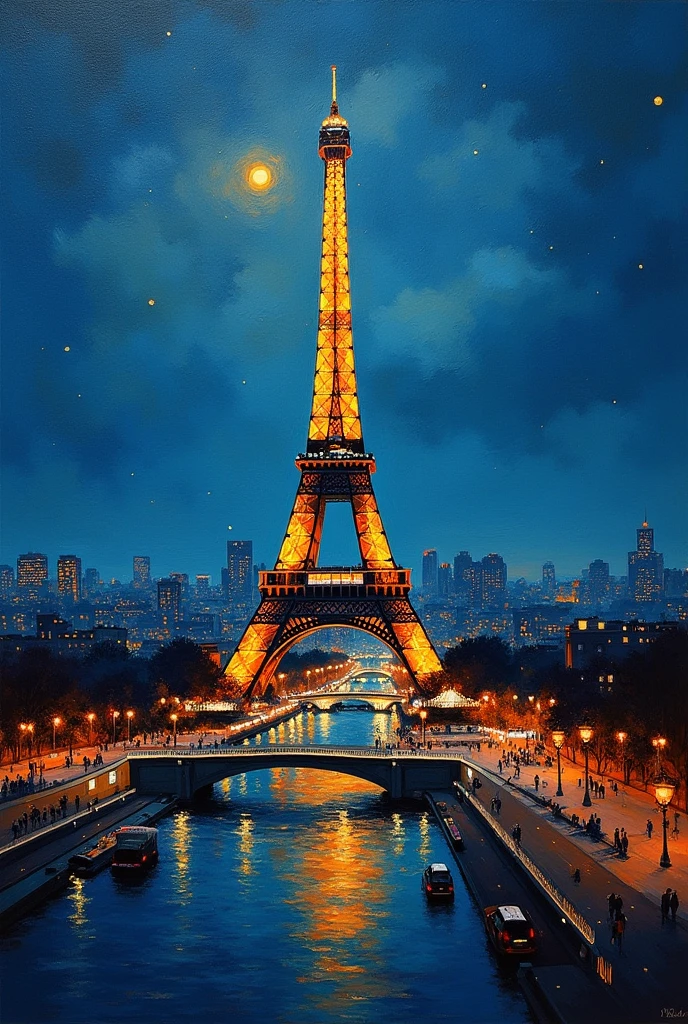 oil on canvas, in impressionist style, of a night scene of Paris with a view of the Eiffel Tower.