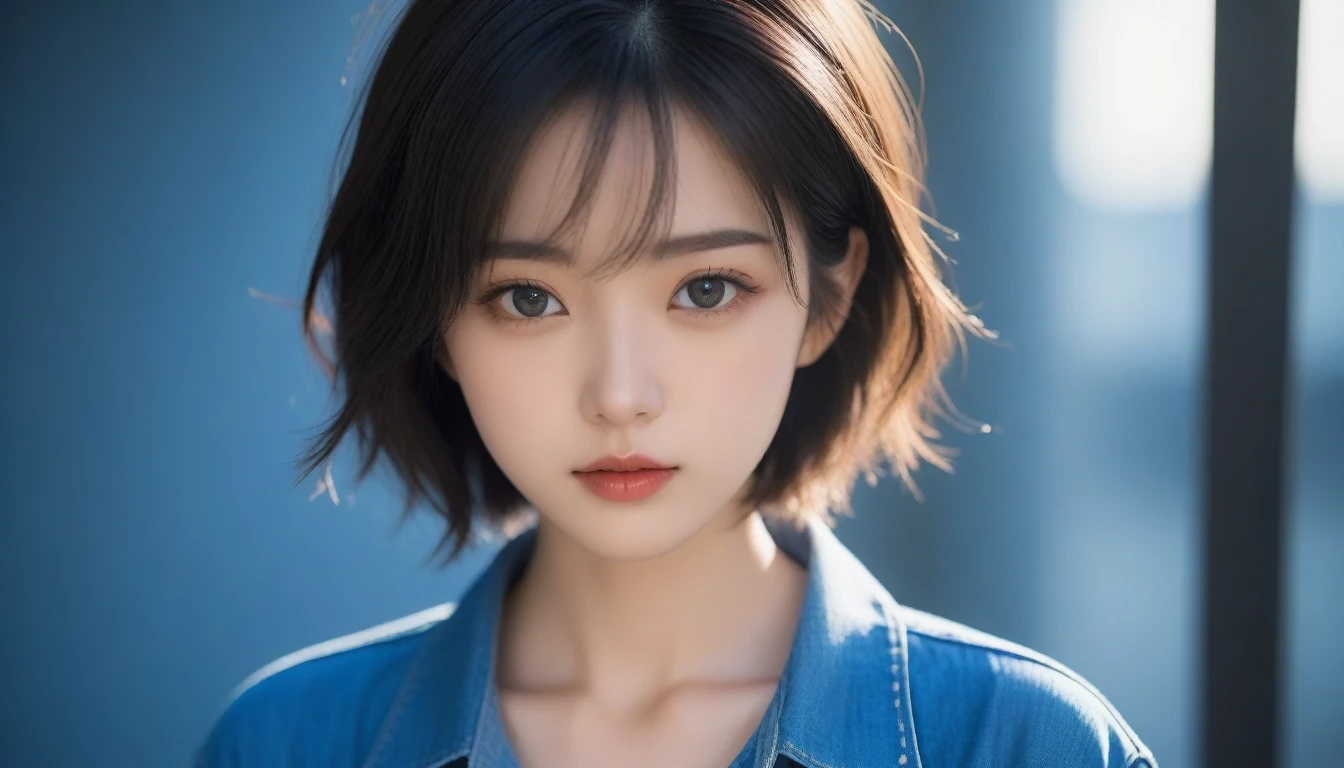 8k, Ultra-high resolution, Highest quality, masterpiece, 三分割法によるphotograph,Surreal, photograph, 1 , (:1.3), cute, cute顔, 細部までBeautiful Eyes, 細かくdetailedに,masterpiece,One Girl:1.2,Japanese women,student,cowboy shot,glaring,Black short hair,messy hair,from side,(Denim shirt:1.3),Leaning against the wire mesh,Glare,Blue Collar,Factory wall,Bleach Bypass,(Beautiful attention to detail),Subtle details, detailedな顔,anger,Attractive eyes,(ポートレートphotograph:1.4),(Photorealistic images:1.4),Fantasy art,(Beautiful Face:1.4),美しくAttractive eyes、Beautiful Eyes,(Tight waist:1.4)、(Beautiful with perfect body proportions:1.4),Pink Lips,profile,(((Ideal body type))),A-cup small breasts :2,、Portraiture:2、Perfect Anatomy、鮮明なdetailed、detailed,Fashion magazine cover,Thin lips,完璧でBeautiful Face ,完璧でcute顔, Skin with attention to detail, Perfect limbs、Narrow waist,Surreal,Light and shadow,backlighting