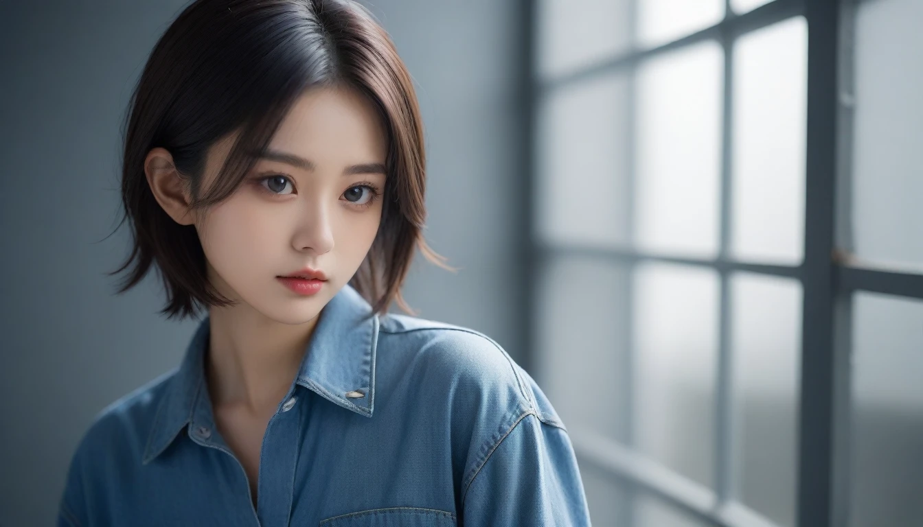 8k, Ultra-high resolution, Highest quality, masterpiece, 三分割法によるphotograph,Surreal, photograph, 1 , (:1.3), cute, cute顔, 細部までBeautiful Eyes, 細かくdetailedに,masterpiece,One Girl:1.2,Japanese women,student,cowboy shot,glaring,Black short hair,messy hair,from side,(Denim shirt:1.3),Leaning against the wire mesh,Glare,Blue Collar,Factory wall,Bleach Bypass,(Beautiful attention to detail),Subtle details, detailedな顔,anger,Attractive eyes,(ポートレートphotograph:1.4),(Photorealistic images:1.4),Fantasy art,(Beautiful Face:1.4),美しくAttractive eyes、Beautiful Eyes,(Tight waist:1.4)、(Beautiful with perfect body proportions:1.4),Pink Lips,profile,(((Ideal body type))),A-cup small breasts :2,、Portraiture:2、Perfect Anatomy、鮮明なdetailed、detailed,Fashion magazine cover,Thin lips,完璧でBeautiful Face ,完璧でcute顔, Skin with attention to detail, Perfect limbs、Narrow waist,Surreal,Light and shadow,backlighting