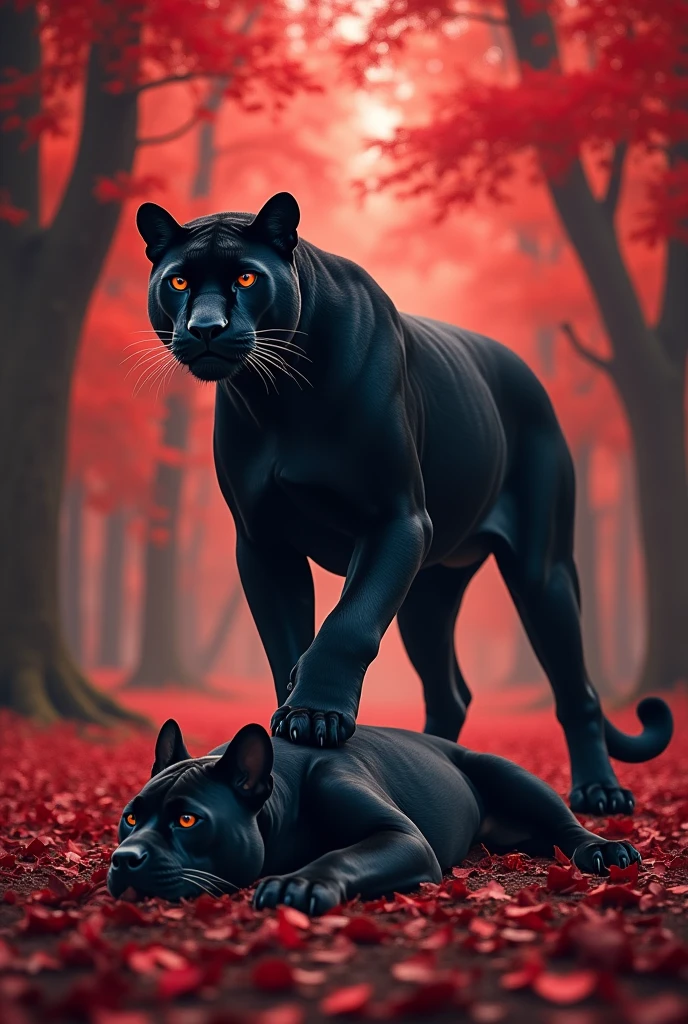 Black panther standing on a dead bulldog. In a beautifull read forest