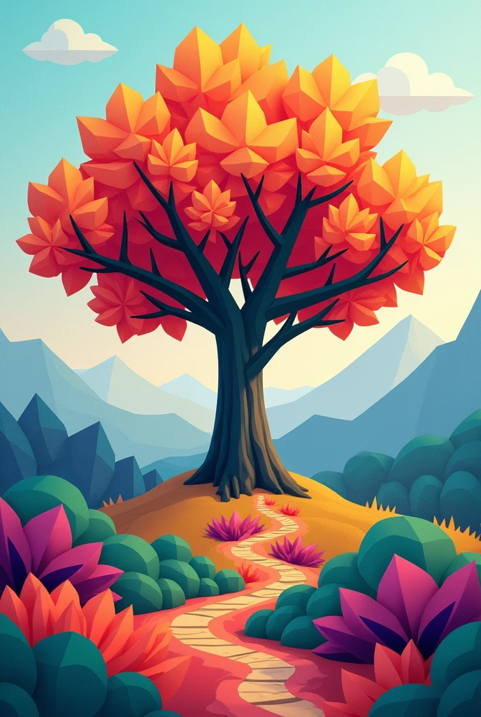 Nature drawing composed of two-dimensional geometric figures  (Even the leaves are geometric in shape) give me a colorful picture, three-dimensional and realistic