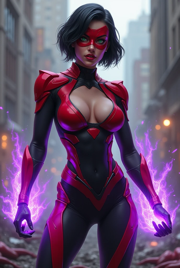 A confidant, sexy pose of a Beautiful and powerful evil supervillain woman with short black hair in a layered bob, green eyes covered by a red and black high tech visor, and red lips, a sadistic grin across her face. She is wearing a sleek skintight bright red and black high tech power armor and radiating purple energy around her hands. Destroying, Evil wins, destroyed city, lots of bodies of costumed heroes litter the ground.