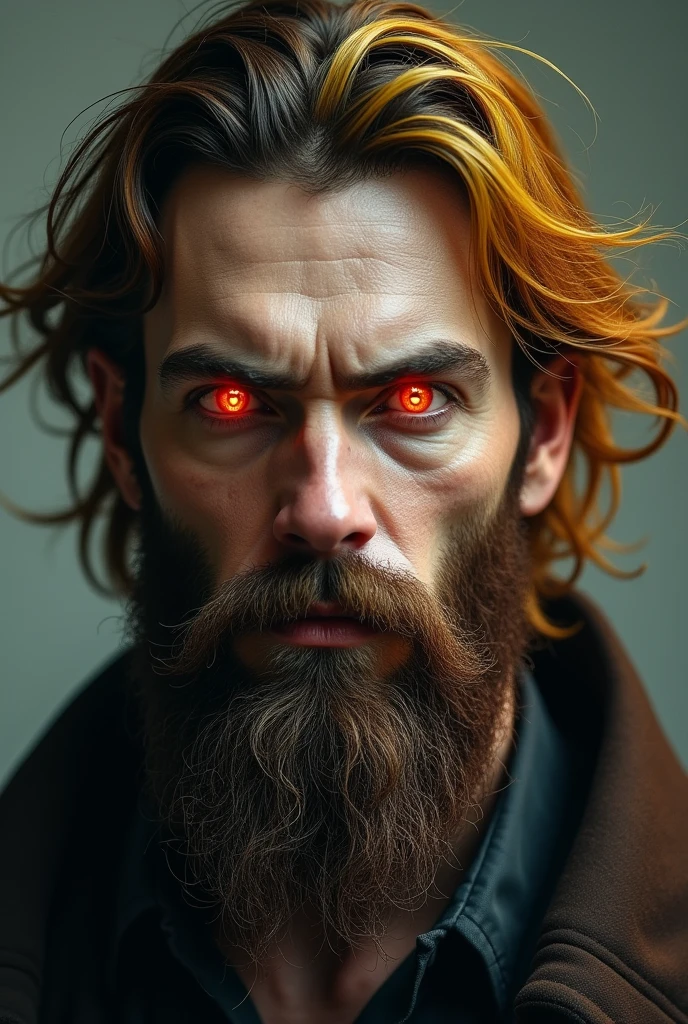 Make a man with a brown beard pulled towards dark blond, red eyes, medium wide nose, brown hair with yellow highlights, white skin