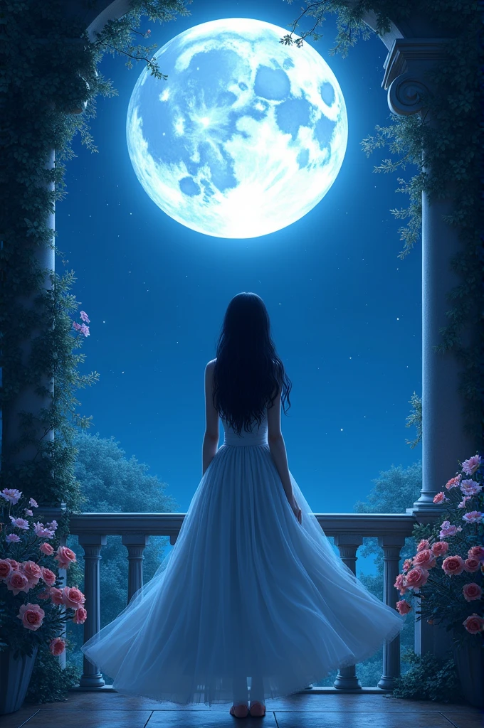 A girl wearing a beautiful long dress looks at the beauty of the moon from the top of the balcony, There should be many beautiful flowers on the right and left, the girl's dress should be wide at the waist, there should be blue light, and there should be many stars in the sky