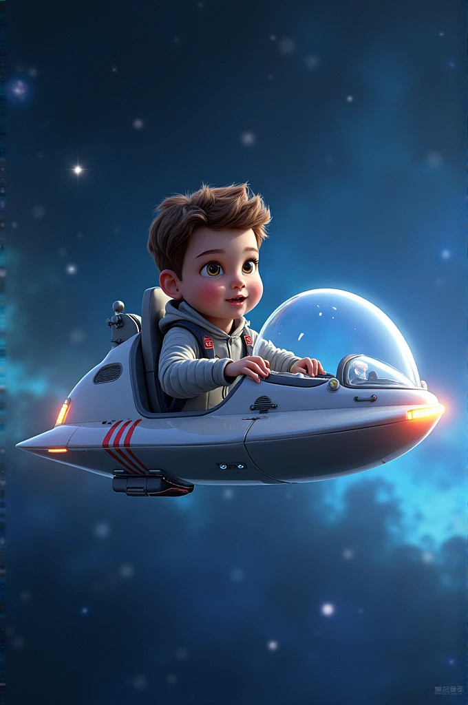 Create a picture of a boy, who sits in his spaceship and flies through space 