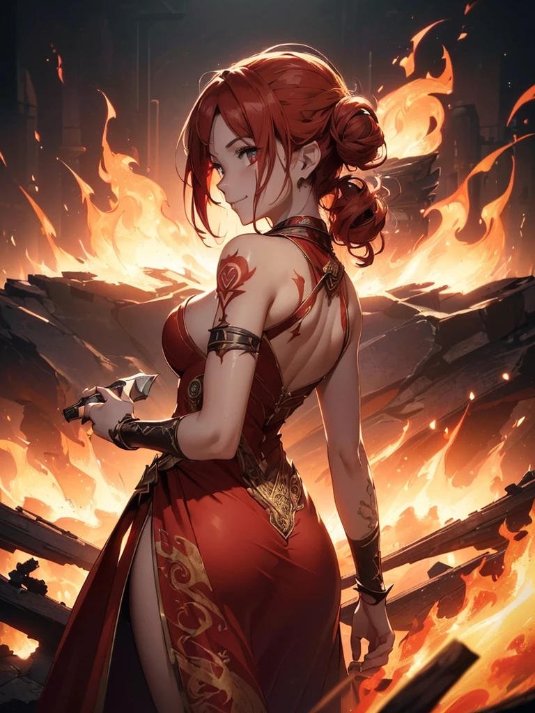 (((best quality, sharp image, clear image, cinematic lighting, 8k resolution, masterpiece, ultra detailed, intricate))) Girl, (((looking over left shoulder))), (shot from behind), fire mage, ((intricate background)), ((chaotic background)), red hair, smiling, ((flame runes, flame sigils)), (tatoo on back), slim figure, flying sigils, long dress