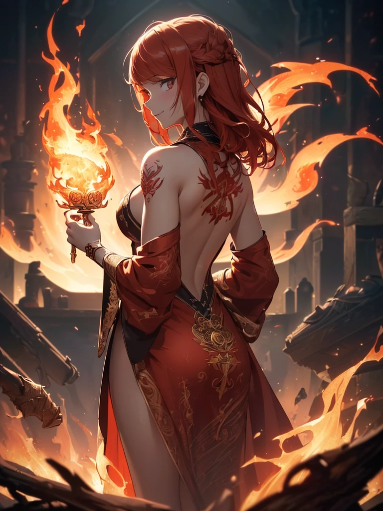 (((best quality, sharp image, clear image, cinematic lighting, 8k resolution, masterpiece, ultra detailed, intricate))) Girl, ((shot from behind)), ((close up)), look at viewer, fire mage, ((intricate background)), ((chaotic background)), red hair, smiling, ((flame runes, flame sigils)), (tatoo on back), slim figure, flying sigils, long dress, cute