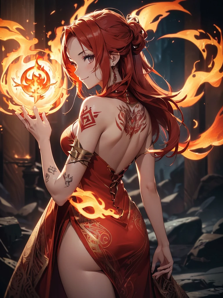 (((best quality, sharp image, clear image, cinematic lighting, 8k resolution, masterpiece, ultra detailed, intricate))) Girl, (((looking over left shoulder))), (shot from behind), fire mage, ((intricate background)), ((chaotic background)), red hair, smiling, ((flame runes, flame sigils)), (tatoo on back), slim figure, flying sigils, long dress