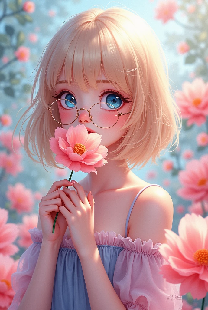 White woman in anime,with blonde hair,dark blue eyes, with glasses , holding a salmon pink flower, with a pink and blue dress, with colorful flower background 