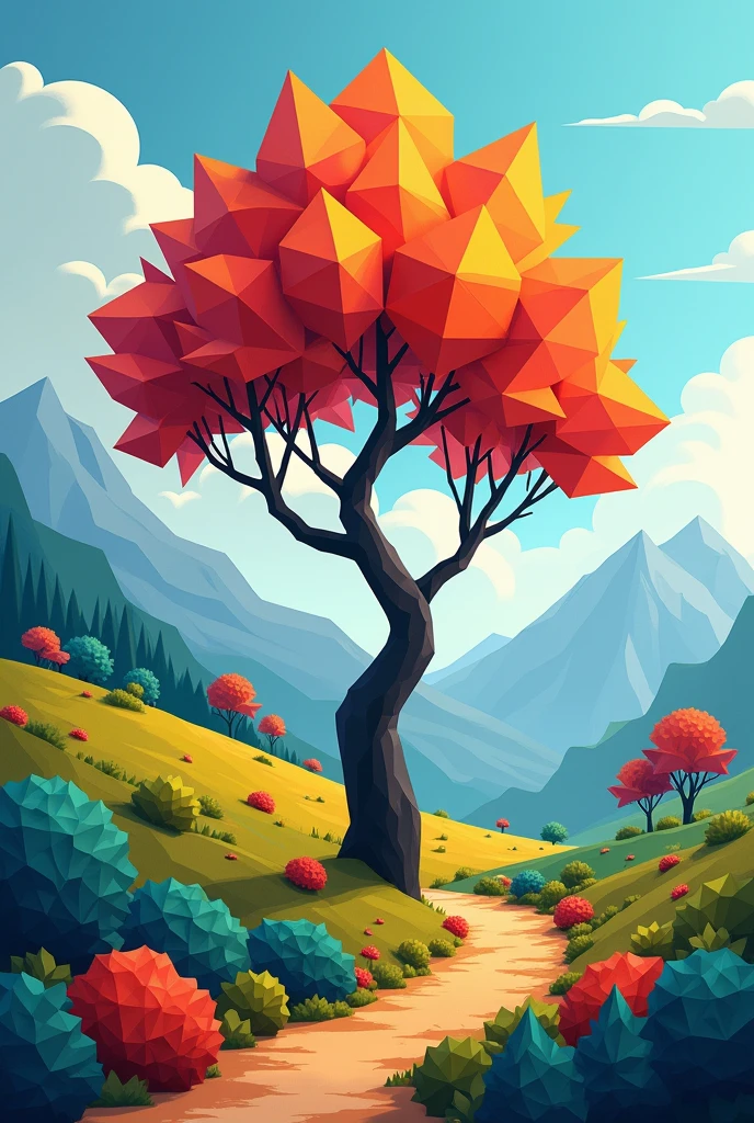 Nature drawing composed of two-dimensional geometric figures  (Even the leaves are geometric in shape) give me a colorful picture, three-dimensional and realistic