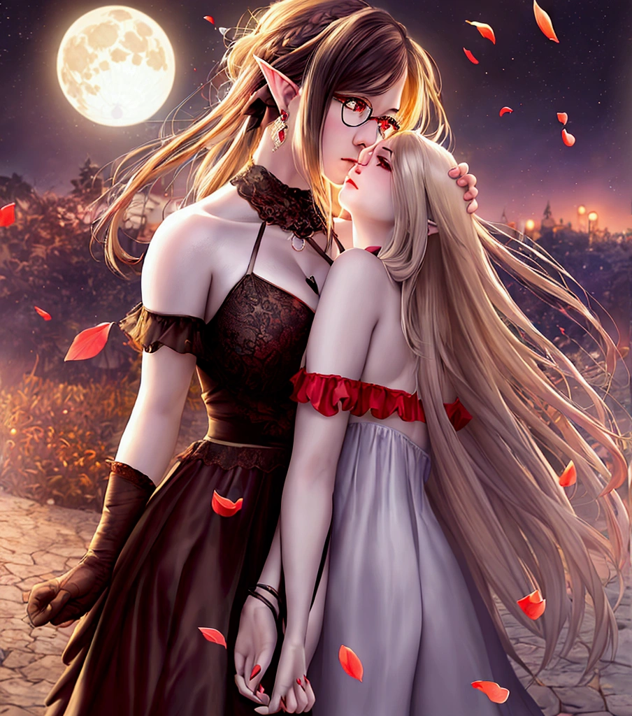 Stunning couple hugging under starry night sky,
(girl: short, big red eyes but not too much with a loving look, not so long elf ears and in her left ear a ruby-colored earring, long hair with a black bow on the side of her hair, blondie hair, super tiny , leotardo dress, and a black and red skirt (girl: white skin:1.3)), (guy: black hair, brown eyes with glasses), falling petals, full moon, blooming flowers, sharp foreground, depth of field, (best quality, 4k, 8k, high resolution, masterpiece:1.2), ultra detailed, (realistic, photorealistic, photorealistic:1.37), HDR, UHD, studio lighting, ultra-fine painting, sharp focus, physically based rendering, extreme detail description, professional, vivid colors, bokeh, romantic, cinematic, dramatic lighting, warm color palette, bright moonlight, dreamlike, ethereal