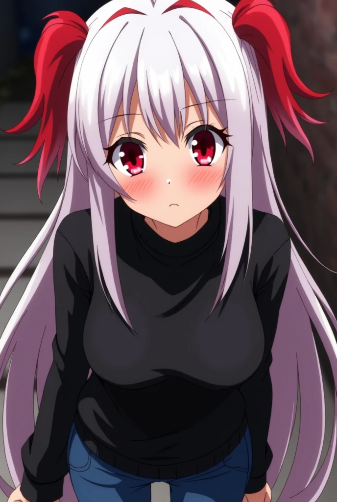 Screenshot from the anime Tokyo Revengers, Female teenager with long straight white hair and red streaks, Red eyes. She is wearing a black sweater and jeans.
