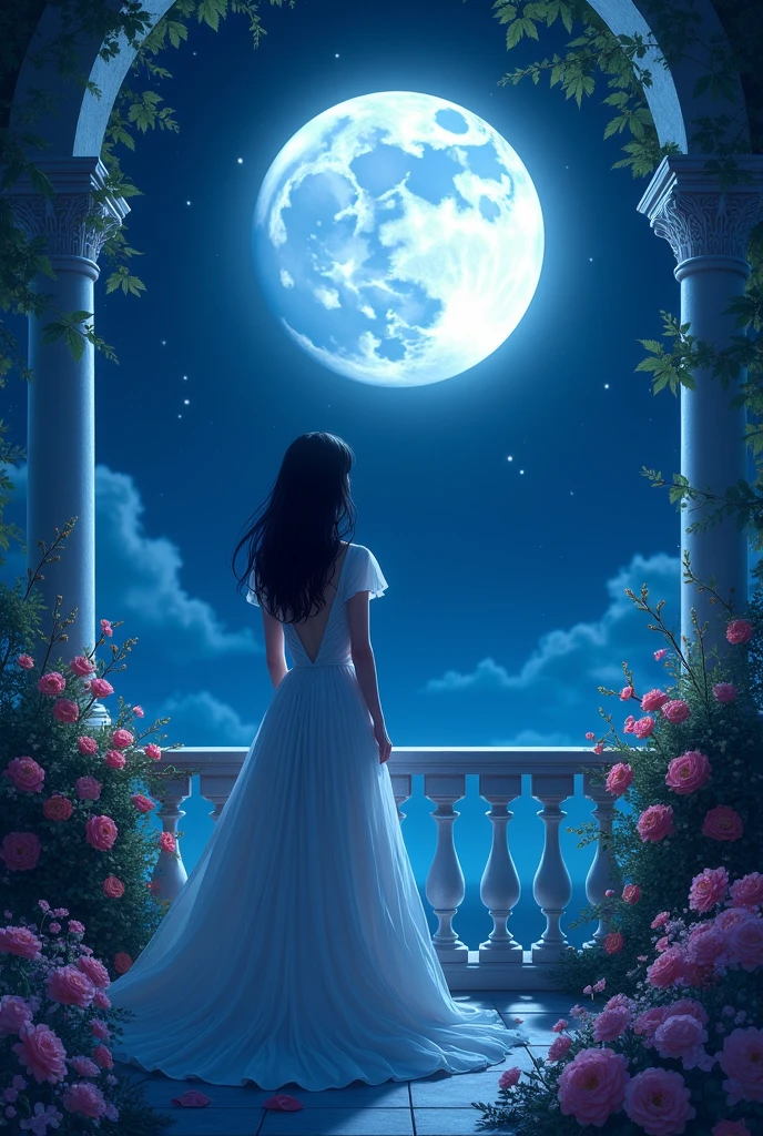 A girl wearing a beautiful long dress looks at the beauty of the moon from the top of the balcony, There should be many beautiful flowers on the right and left, the girl's dress should be wide at the waist, there should be blue light, and there should be many stars in the sky