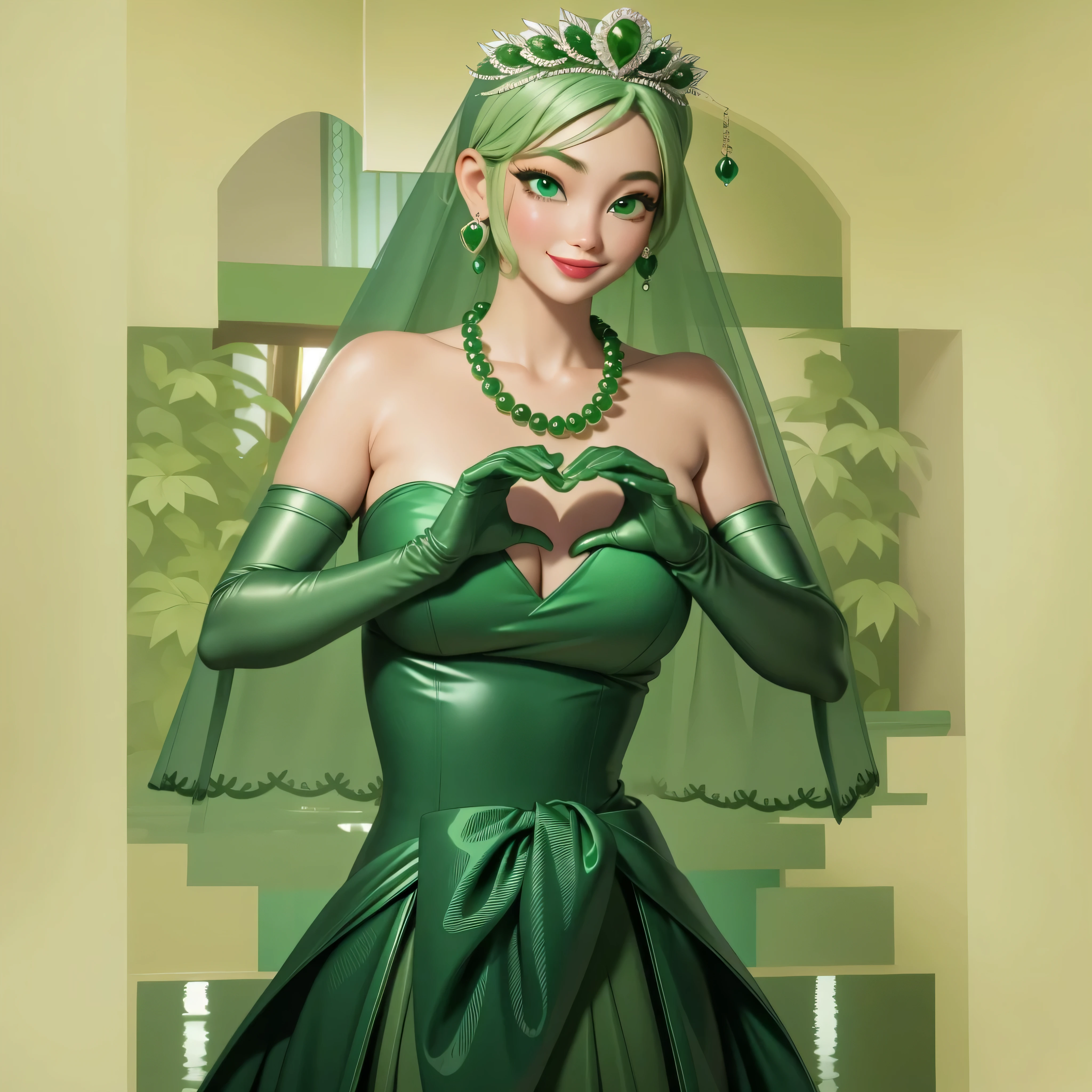 Emerald tiara, Green Pearl Necklace, Boyish very short green hair, Green Lips, Smiling Japanese woman, Very short hair, Busty beautiful lady, Green Eyes, Green satin long gloves, Green Eyes, Emerald Earrings, Green veil, Heart with both hands, Green Hair, Beautiful Japanese Women, Heart shaped hands:1.3, green lip gloss