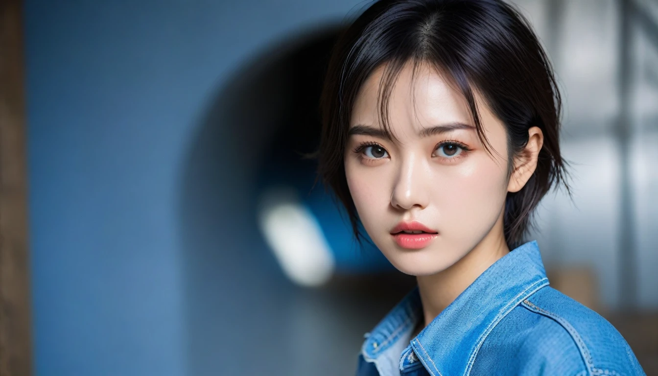 8k, Ultra-high resolution, Highest quality, masterpiece, 三分割法によるphotograph,Surreal, photograph, 1 , (:1.3), cute, cute顔, 細部までBeautiful Eyes, 細かくdetailedに,masterpiece,One Girl:1.2,Japanese women,student,cowboy shot,glaring,Black short hair,messy hair,from side,(Denim shirt:1.3),Leaning against the wire mesh,Glare,Blue Collar,Factory wall,Bleach Bypass,(Beautiful attention to detail),Subtle details, detailedな顔,anger,Attractive eyes,(ポートレートphotograph:1.4),(Photorealistic images:1.4),Fantasy art,(Beautiful Face:1.4),美しくAttractive eyes、Beautiful Eyes,(Tight waist:1.4)、(Beautiful with perfect body proportions:1.4),Pink Lips,profile,(((Ideal body type))),A-cup small breasts :2,、Portraiture:2、Perfect Anatomy、鮮明なdetailed、detailed,Fashion magazine cover,Thin lips,完璧でBeautiful Face ,完璧でcute顔, Skin with attention to detail, Perfect limbs、Narrow waist,Surreal,Light and shadow,backlighting