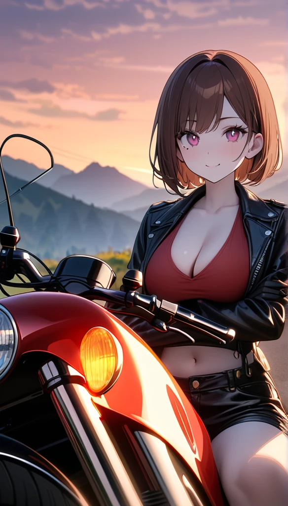 (One Woman),(Best image quality, 8k, masterpiece:1.3), Anatomically correct, ((Brown hair bob cut:1.1)),(Swept-apart bangs,), (Cute eyes, Dark Eyes), (Mole under right eye), (thin),(Glowing Skin:1.1),(Pale skin:1.2),(Fantasyな雰囲気),(look up),Ultra-high resolution, Textured skin, Sparkle Effect, Fantasy,Bright Eyes,adult,Slender,Large Breasts,
Black Riders Jacket,Black hot pants,Black leather gloves,Black Leather Boots,Black tights,
Red sports bra,Cleavage Aviator Sunglasses, Harleyダビッドソン, Wilderness landscape, evening,Sunset, Biker gang, A defiant smile, Lean back, sit,Crossing your legs, Arms crossed,Ride a motorcycle,Harley,