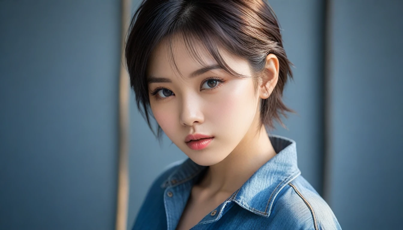 8k, Ultra-high resolution, Highest quality, masterpiece, 三分割法によるphotograph,Surreal, photograph, 1 , (:1.3), cute, cute顔, 細部までBeautiful Eyes, 細かくdetailedに,masterpiece,One Girl:1.2,Japanese women,student,cowboy shot,glaring,Black short hair,messy hair,from side,(Denim shirt:1.3),Leaning against the wire mesh,Glare,Blue Collar,Factory wall,Bleach Bypass,(Beautiful attention to detail),Subtle details, detailedな顔,anger,Attractive eyes,(ポートレートphotograph:1.4),(Photorealistic images:1.4),Fantasy art,(Beautiful Face:1.4),美しくAttractive eyes、Beautiful Eyes,(Tight waist:1.4)、(Beautiful with perfect body proportions:1.4),Pink Lips,profile,(((Ideal body type))),A-cup small breasts :2,、Portraiture:2、Perfect Anatomy、鮮明なdetailed、detailed,Fashion magazine cover,Thin lips,完璧でBeautiful Face ,完璧でcute顔, Skin with attention to detail, Perfect limbs、Narrow waist,Surreal,Light and shadow,backlighting