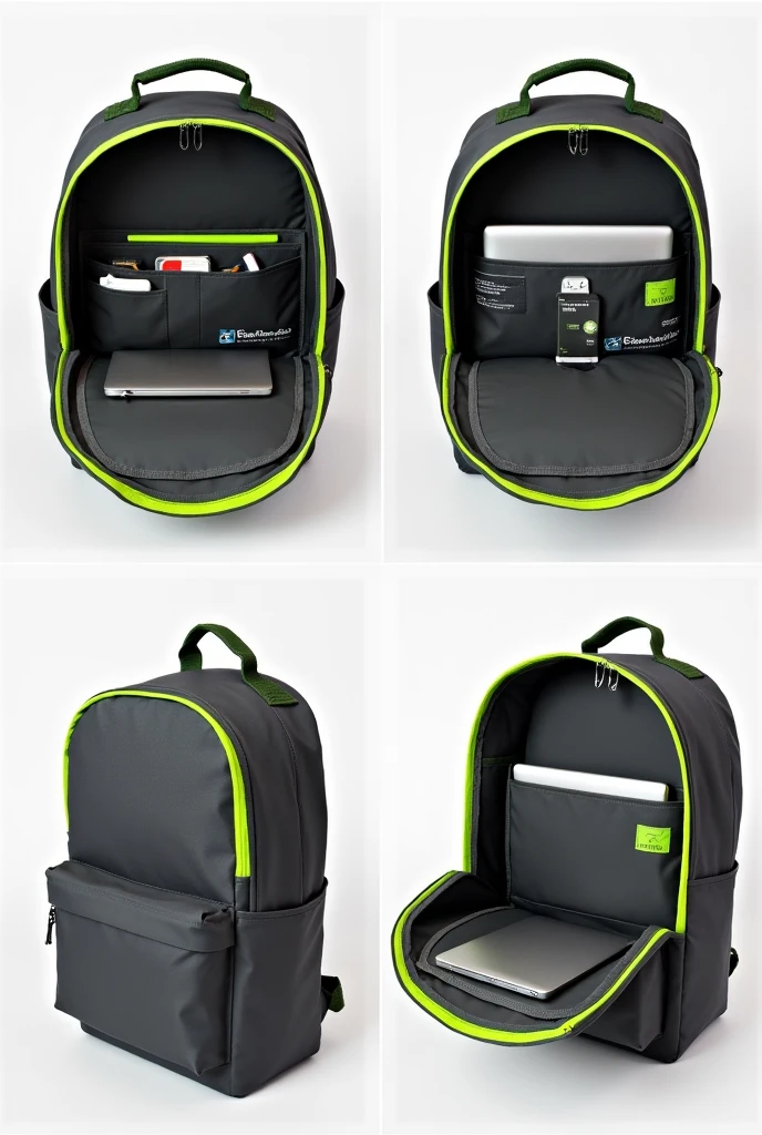 Shows only the inside of the backpack in a collage of 4 photos. The backpack is dark grey with neon edges. Name "EcoTech Pack" It must be in green inside the backpack. Do not include any part of the outside, the back or front. Details the computer compartment, the slots for pencils and markers, and document pockets. The backpack does not have side pockets, so don't include them. The interior literally nothing outside green handle and only interior