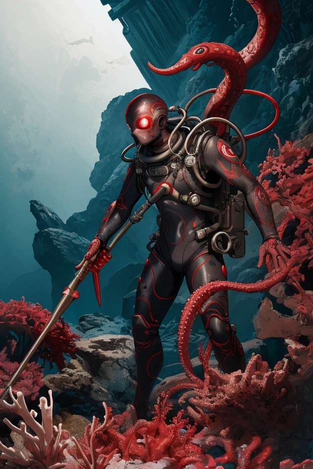 a diver in a torn diving suit, Bright red eyes, tentacles emerging from the suit, standing on a reef holding a harpoon, Digital art, cinematicmood, dramatic lighting, Very detailed, Intricate, 8k, photorealistic