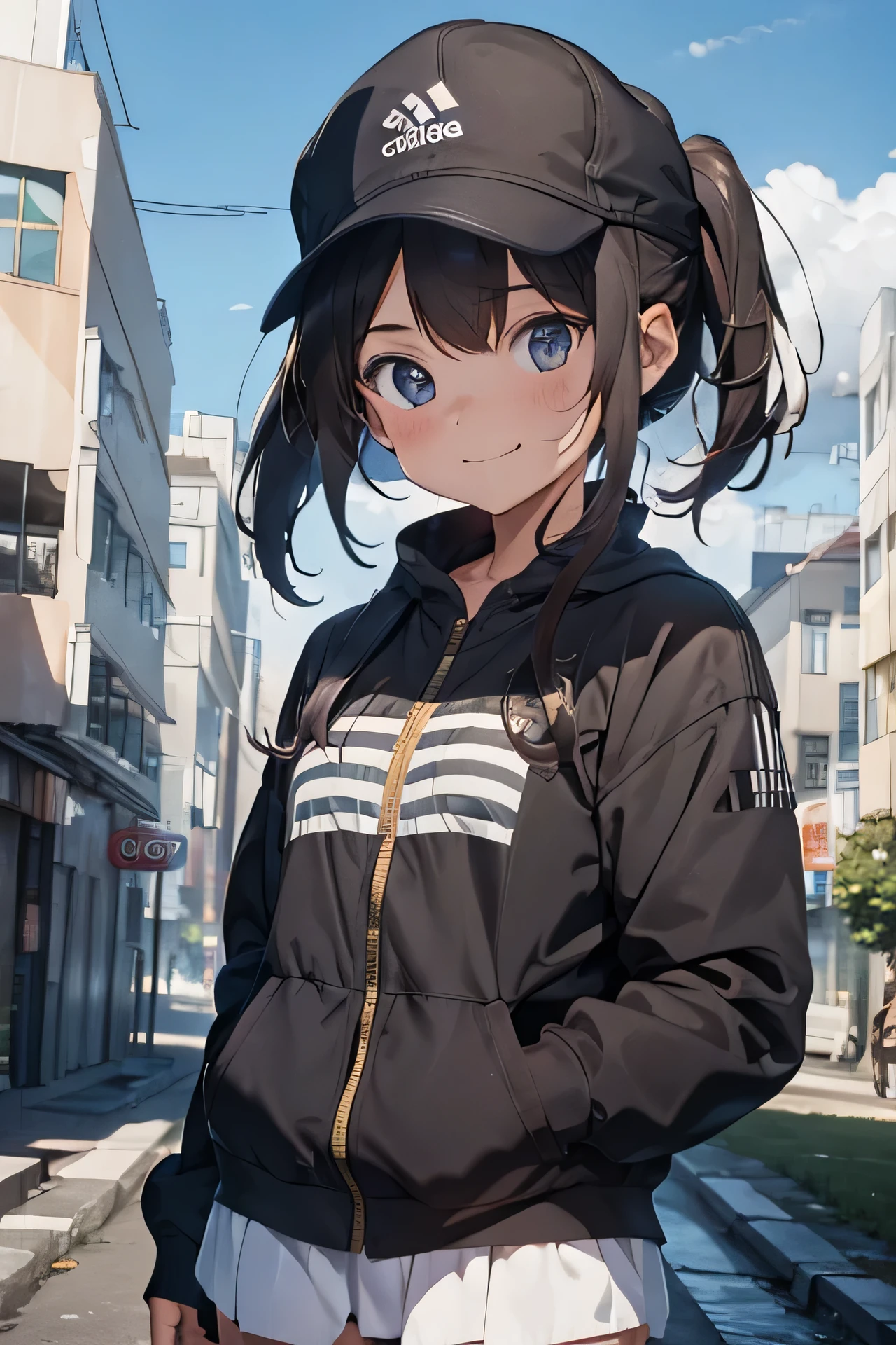 masterpiece, ultra detailed, super soft shapes, professional composition, 2girl, gopnik, adidas clothes, cap black, smirk, smile, look at viewer, cute, in the background post soviet city, hdr, detailed, 