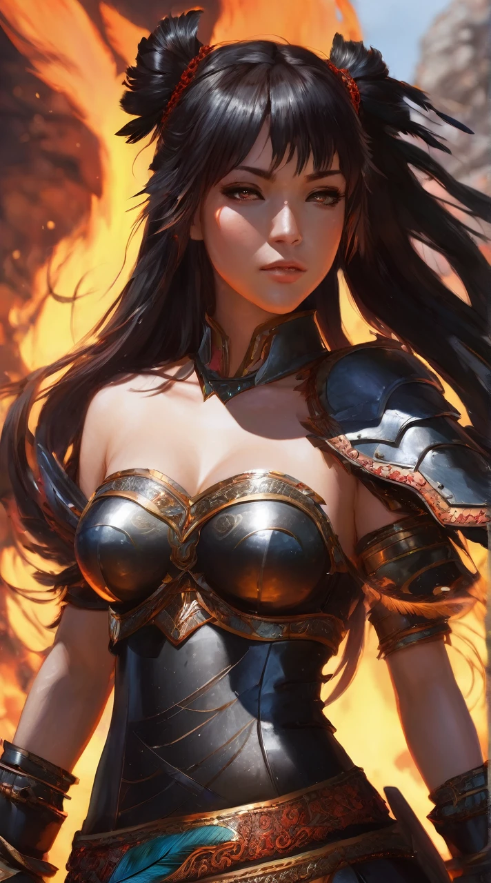 A fantasy illustration of a young Asian girl in battle, looking visibly distressed and struggling. Her armor shows signs of severe damage and her nipple revealed with slight. She is at the moment of being captured by enemies and roar.