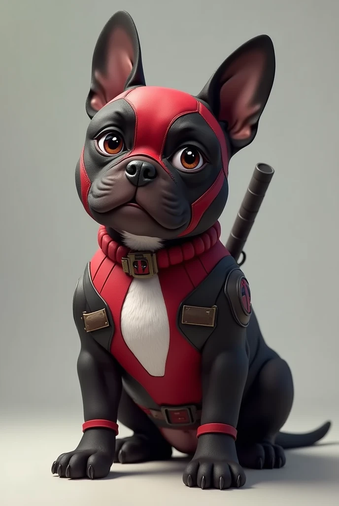 A dogpool but a black American bully with a white chest and uncropped ears with a Deadpool suit like a dogpool and smaller since I want him as if he were 3 years old, apart from that he is a female