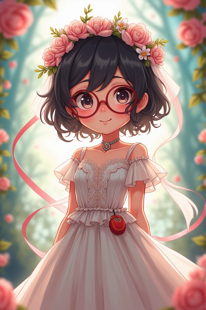 Nerd style girl wearing wedding outfit. Anime style 18 year old nerd girl