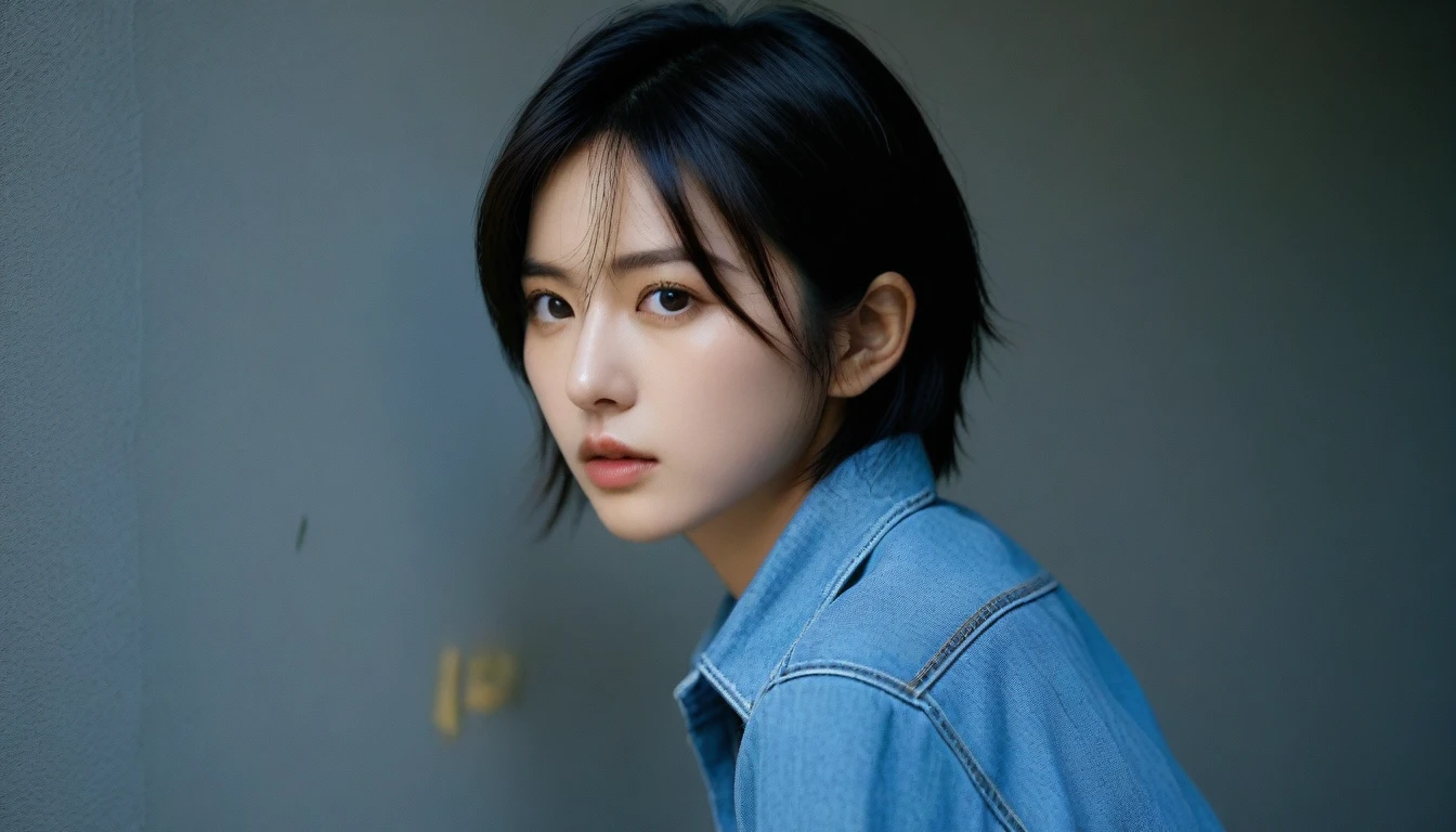 8k, Ultra-high resolution, Highest quality, masterpiece, 三分割法によるphotograph,Surreal, photograph, 1 , (:1.3), cute, cute顔, 細部までBeautiful Eyes, 細かくdetailedに,masterpiece,One Girl:1.2,Japanese women,student,cowboy shot,glaring,Black short hair,messy hair,from side,(Denim shirt:1.3),Leaning against the wire mesh,Glare,Blue Collar,Factory wall,Bleach Bypass,(Beautiful attention to detail),Subtle details, detailedな顔,anger,Attractive eyes,(ポートレートphotograph:1.4),(Photorealistic images:1.4),Fantasy art,(Beautiful Face:1.4),美しくAttractive eyes、Beautiful Eyes,(Tight waist:1.4)、(Beautiful with perfect body proportions:1.4),Pink Lips,profile,(((Ideal body type))),A-cup small breasts :2,、Portraiture:2、Perfect Anatomy、鮮明なdetailed、detailed,Fashion magazine cover,Thin lips,完璧でBeautiful Face ,完璧でcute顔, Skin with attention to detail, Perfect limbs、Narrow waist,Surreal,Light and shadow,backlighting