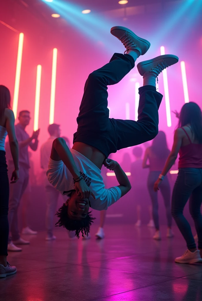 Hip-hop man doing a somersault at a neon lights party