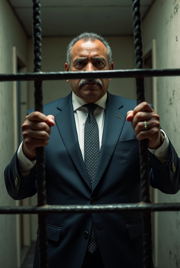 Modern african president in the local prison holding the bars