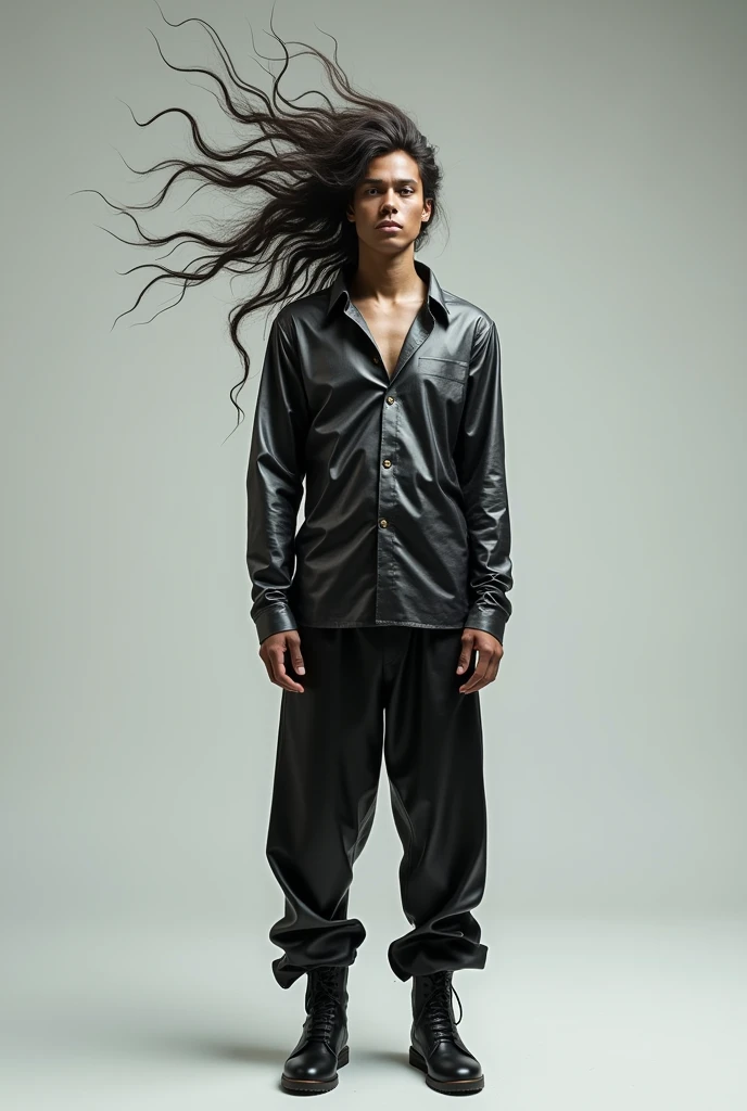 person with standing hair and long hair wearing a lead shirt, black pants down to the shin and black lead shoes