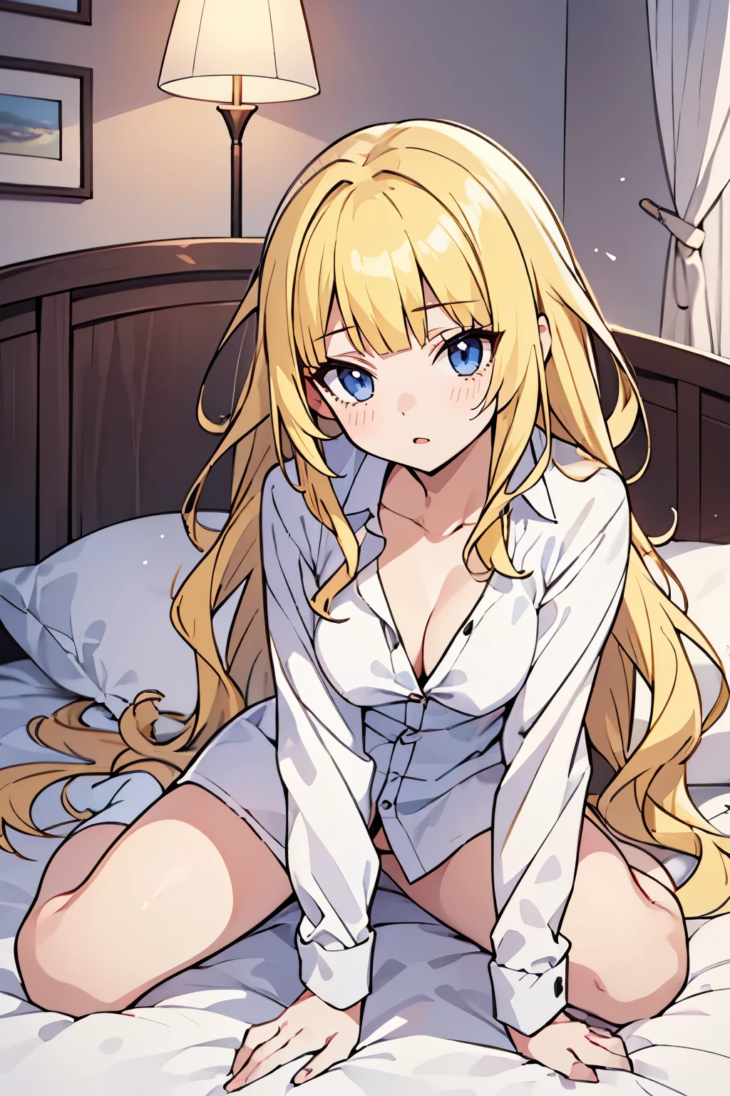 solo girl, (young female body:1.4), ( medium small breasts), knee length hair, yellow long hair, voluminous wavy very long yellow hair, extra long disheveled yellow hair, hime cut, light blue eyes, cowboy shot, dynamic posing, bedroom, lying on bed, white socks, white blouse, unbuttoned shirt, cleavage, oversized white shirt, spreading legs