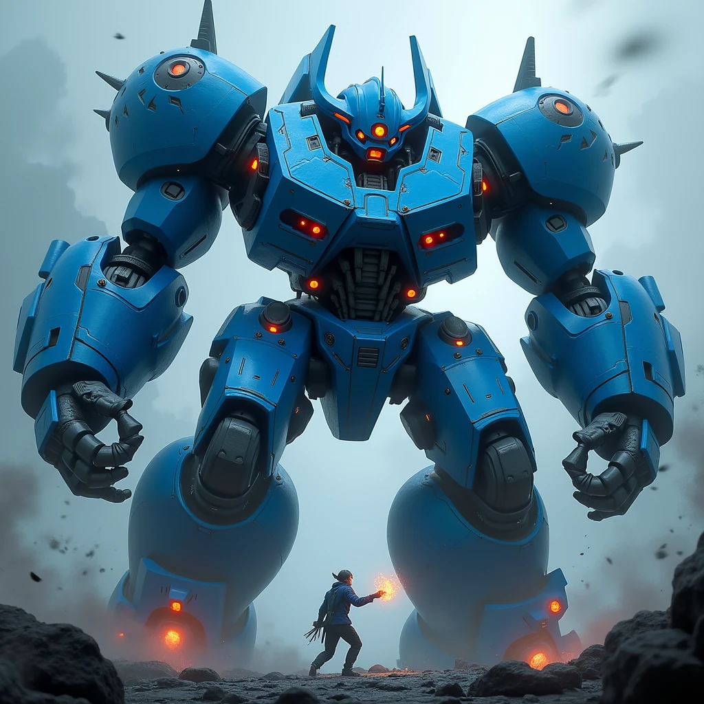 giant blue robot throwing a punch