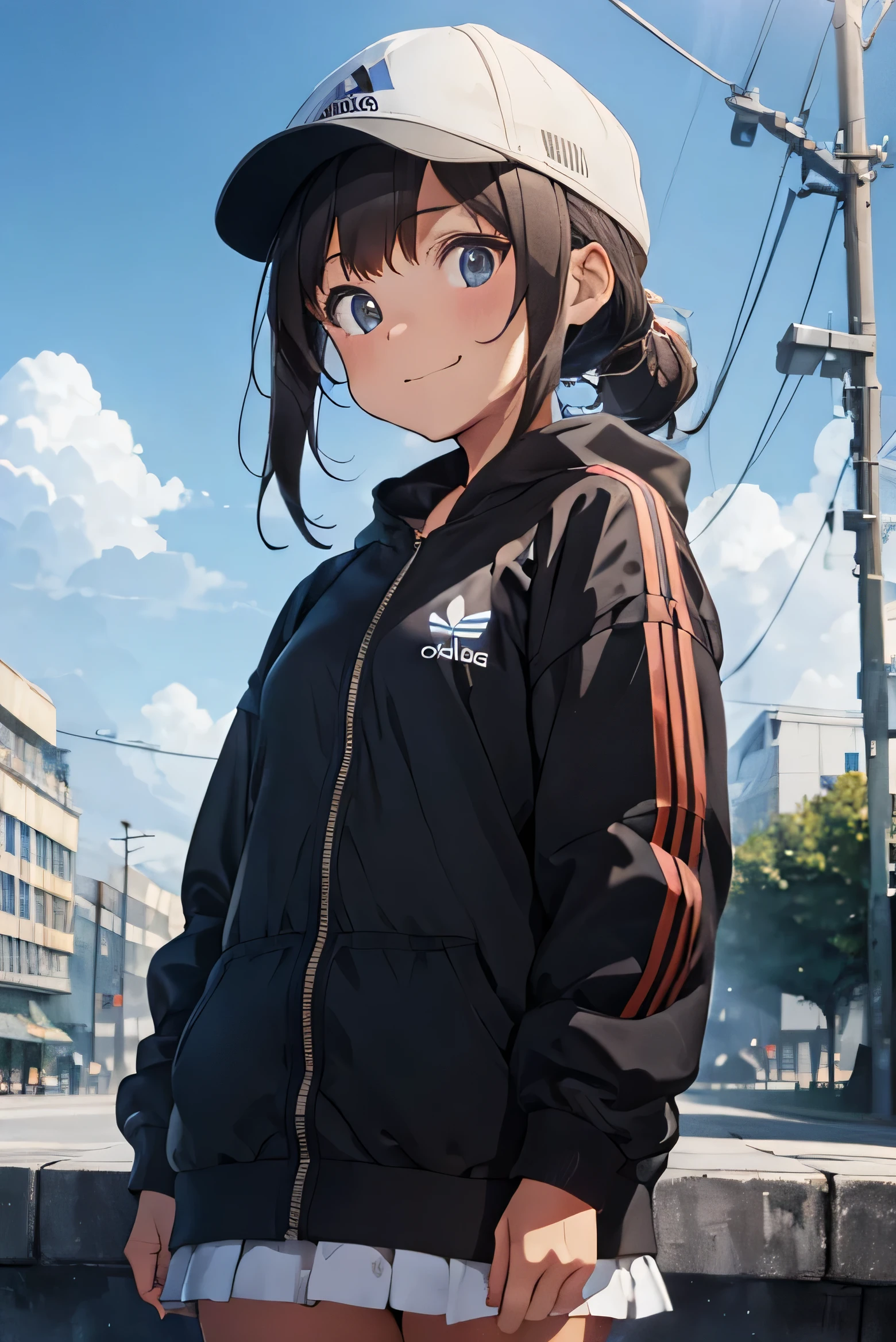 masterpiece, ultra detailed, super soft shapes, professional composition, 2girl, gopnik, adidas clothes, cap black, smirk, smile, look at viewer, cute, in the background post soviet city, hdr, detailed, 