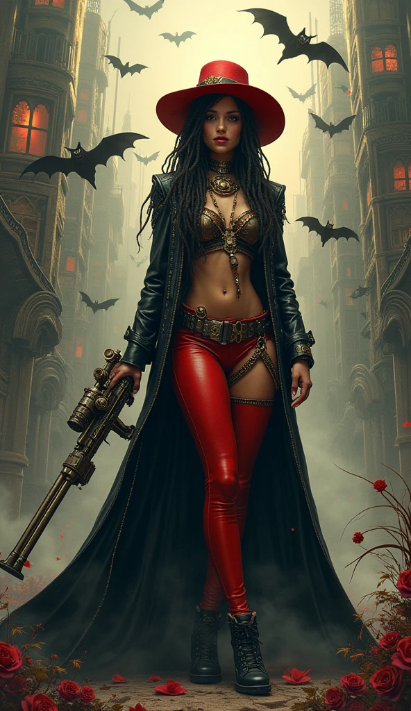 A steampunk Gothic makeup woman with dreadlocks, long red hat and accessories, cheerful & cheerful with a calm, mysterious expression, wearing a long flowing black jacket standing in the middle of a spooky Gothic cityscape. Sexy and wild pose. The background combines cubic skyscrapers, bats, fractal matchcore, mechanics, big gears, macha balls, geometry with a touch of surreal. The color scheme contrasts with metallic silver and gold. The final touch: a long-barreled gun in her hand, vibrant, vivid, realistic
