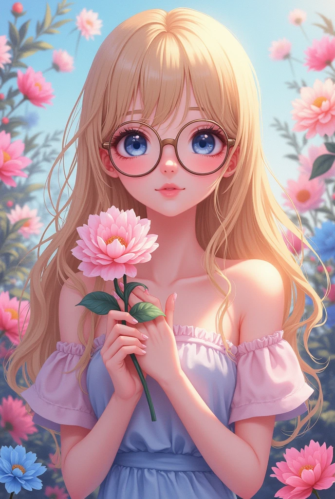 White woman in anime,with long blonde hair,dark blue eyes, with glasses , holding a salmon pink flower, with a pink and blue dress, with colorful flower background