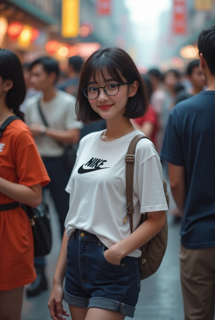 Asian girl looking at me in the full of people wearing round classes with the medium boob and booty got blue eyes wearing short skirt and the t-shirt with the Nike shoe and have a short hair cute small smile 
