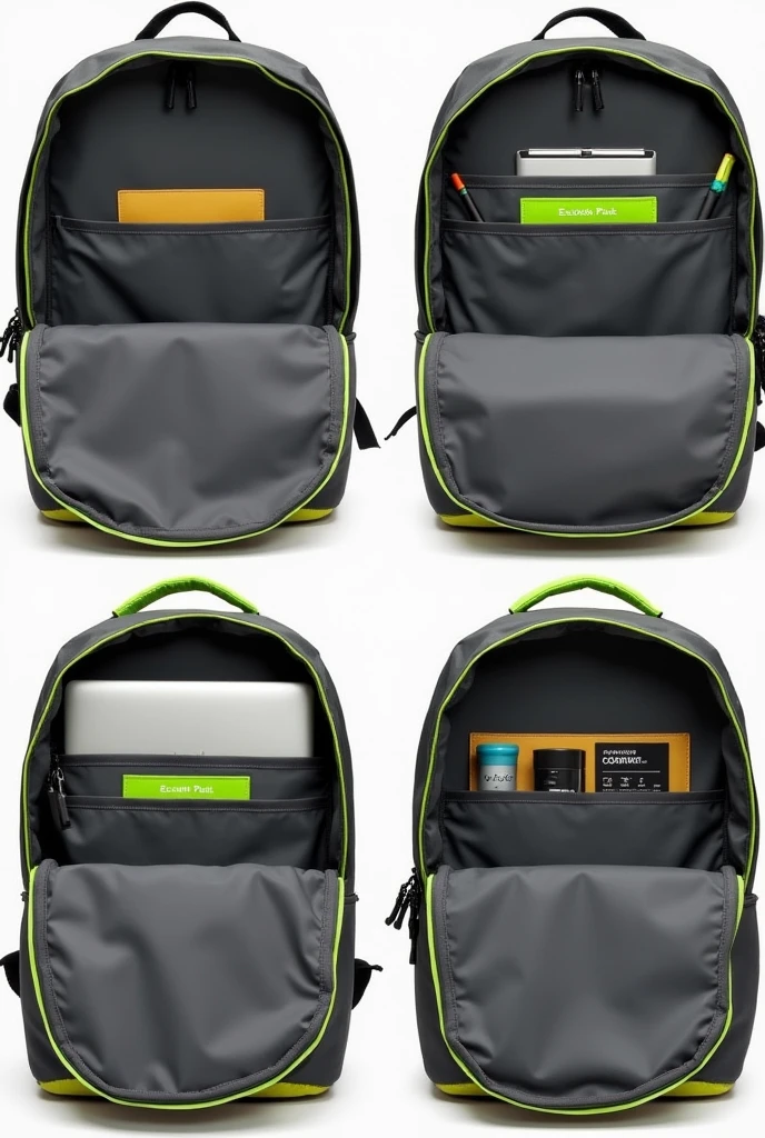 Shows only the inside of the backpack in a collage of 4 photos. The backpack is dark grey with neon edges. Name "EcoTech Pack" It must be in green inside the backpack. Do not include any part of the outside, the back or front. Details the computer compartment, the slots for pencils and markers, and document pockets. The backpack does not have side pockets, so don't include them. The interior literally nothing outside green handle and only interior