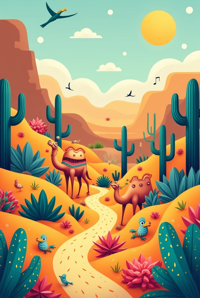 Image of the desert,with flora and fauna and a vertical cartoon style