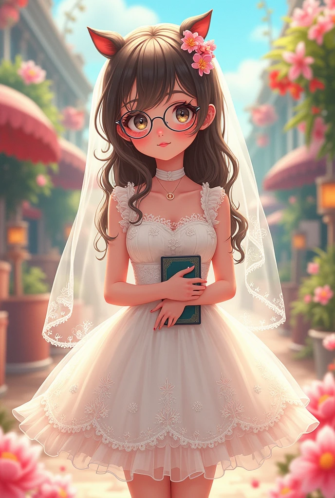 Nerd style girl wearing wedding outfit. Anime style 18 year old nerdy girl with 18 years