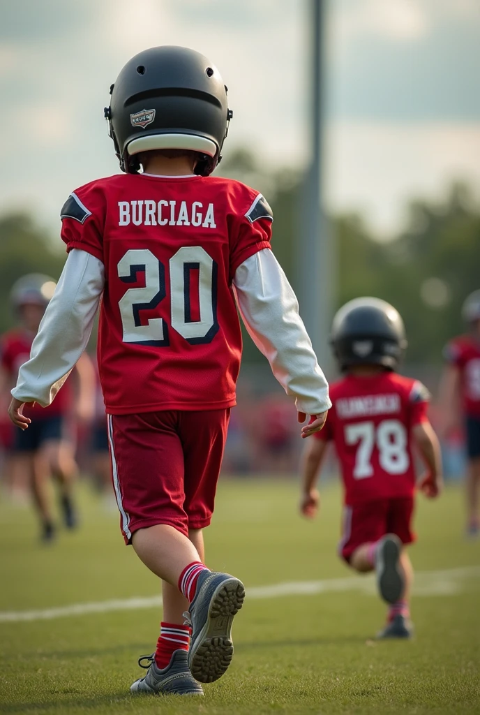  a lot of drip with the name on the back of the jersey “Burciaga” that the image is from behind me ( show my back ) American football , of a 13 year old white boy , with the red jersey of the Anahuac Colts team , and with long white loose sleeves on the arms , and with a helmet , jersey number 20 , and a 1 year old boy.60cm