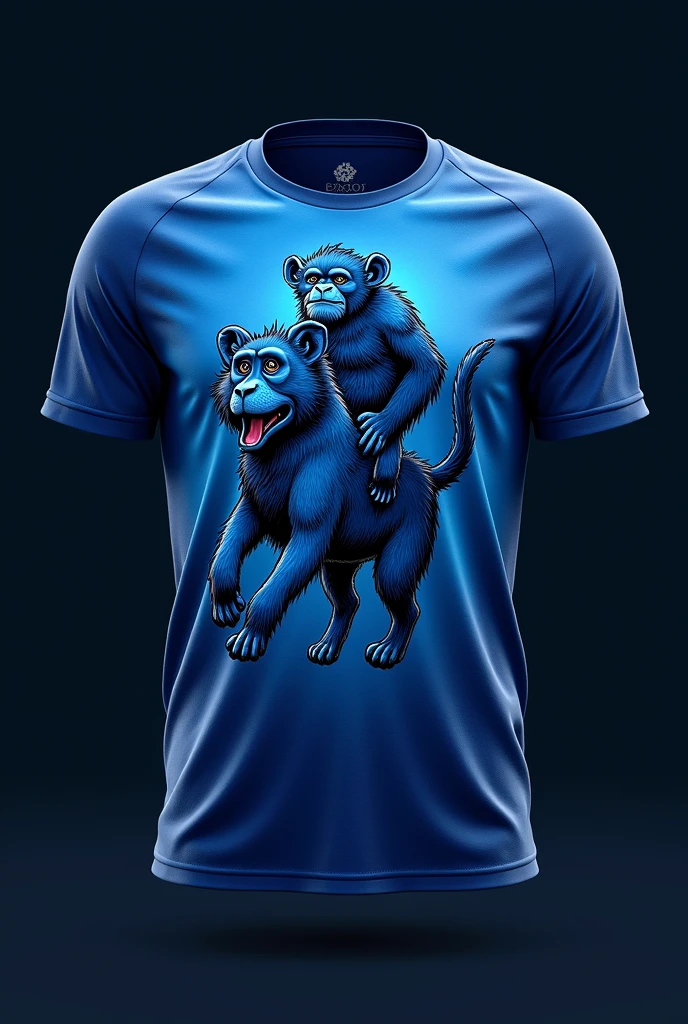 Black football shirt with a blue monkey riding a blue dog 
